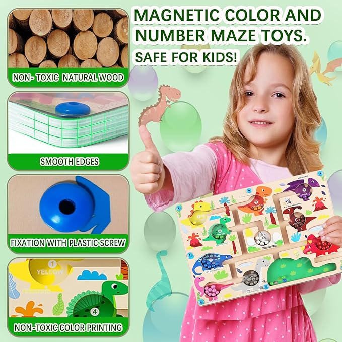 JRD&BS WINL Magnetic Color and Number Maze - Montessori Toys for 3-6Year Old Boys Girls, Wooden Magnet Puzzle Game Board for Toddlers (Dinosaur)