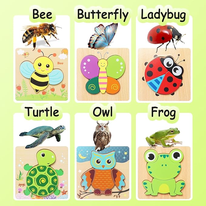 Wooden Puzzles for Toddlers 2-4, 6 Pack Animal Puzzles for Age 1-3, Montessori Educational Toy for 1,2,3,4 Years Old Boys and Girls, Baby Toys Gifts Package Storage