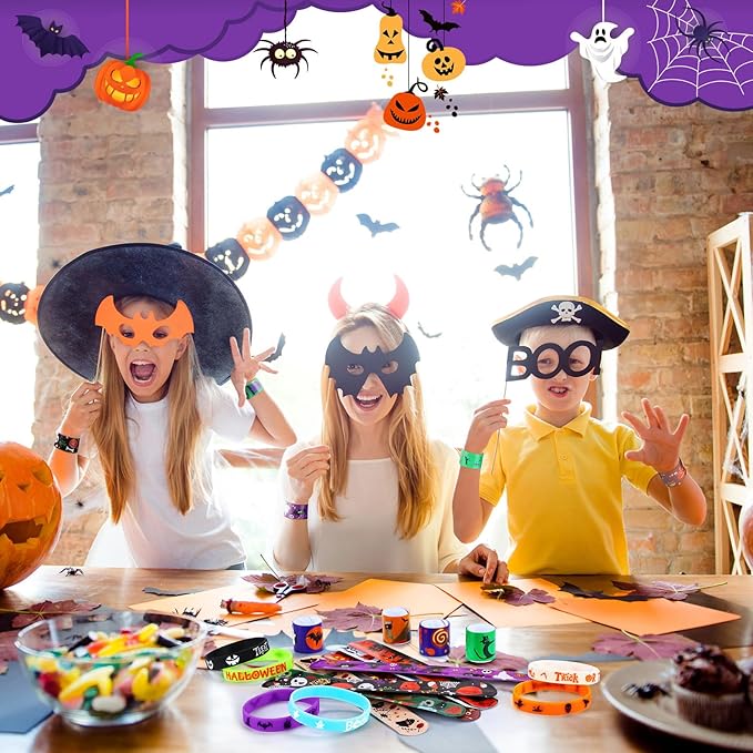 Seajan 48 Pcs Halloween Bracelets Set Party Favors 24 Luminous Silicone Bracelet Wristbands and 24 Halloween Slap Bracelets for Glow in the Dark Gifts Halloween Goodie Bag Stuffers Supplies