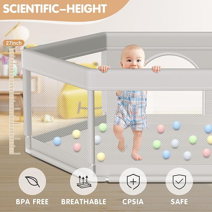 Hiaksedt Large Baby Playpen 65x65 Inch, Play Pens for Babies and Toddlers Hexagonal Type Baby Play Yards for Indoor & Outdoor with Breathable Mesh Anti-Fall
