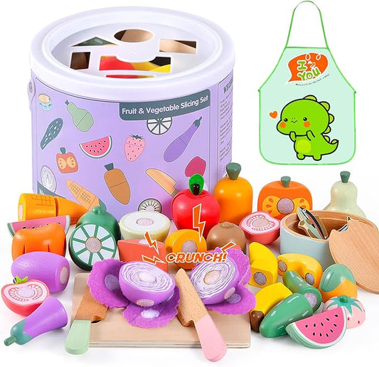 WHOHOLL Play Food Set for Play Kitchen Accessories, Wooden Toys Food Pretend Cutting Food with Apron, Montessori Toys for 1+ Years Old Girls Boys Eye-Protection Learning Resources