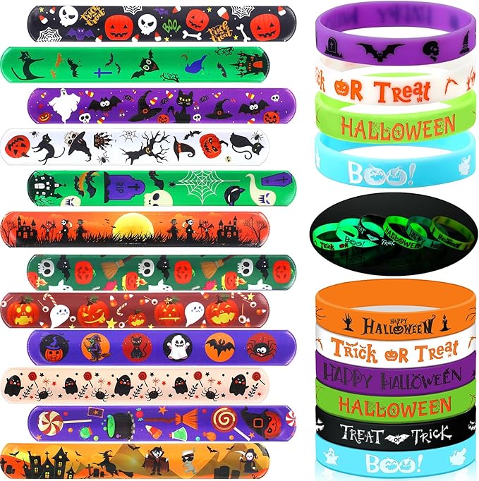 Seajan 48 Pcs Halloween Bracelets Set Party Favors 24 Luminous Silicone Bracelet Wristbands and 24 Halloween Slap Bracelets for Glow in the Dark Gifts Halloween Goodie Bag Stuffers Supplies