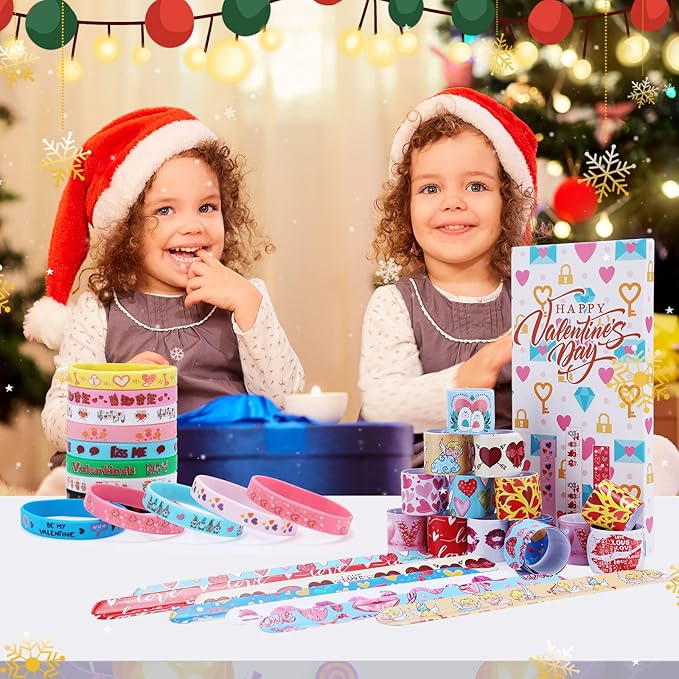 48Pcs Valentines Day Party Favors Slap Bracelets Rubber Wristbands ,School Class Classroom Exchange Prizes Gifts