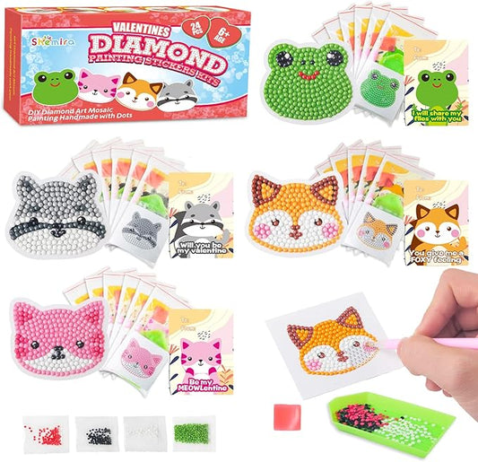 Shemira 24 Pack Valentine's Day Cards for Kids with 5D Diamond Art Painting Kit, Valentines Gift for Kids Classroom, Valentine's Party Favor, School Valentine's Art Activity, Valentine's Art Craft Kit
