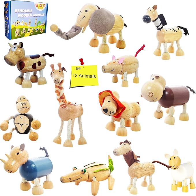 TEKOR Bendable Wooden Animal Toys (Set of 12) | Ages 3 & up | Fun & Posable Animals for Toddlers | Preschool Montessori Toys | Smooth Natural Wood | Endless Play for Girls & Boys