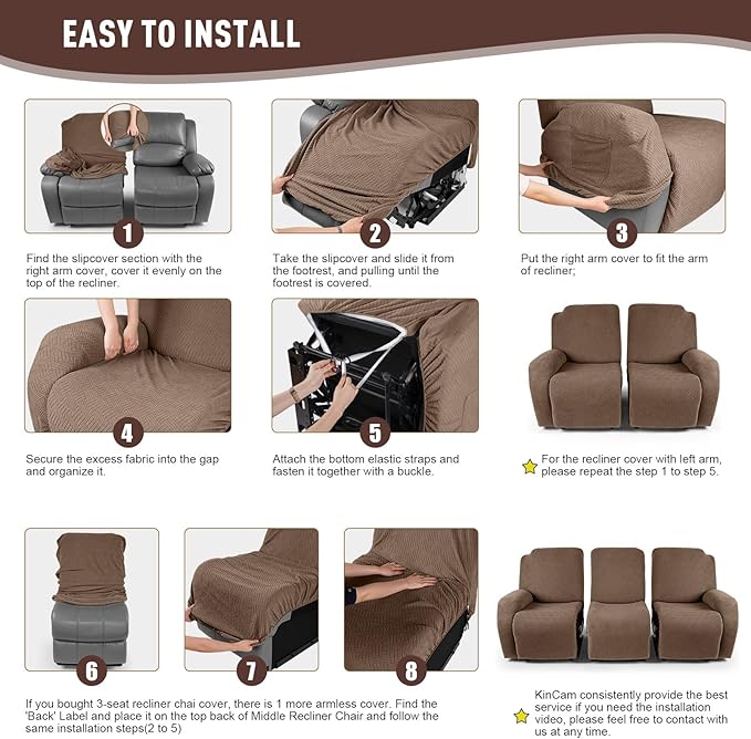 KinCam Recliner Covers, Stretch Reclining Chair Covers, Recliner Sofa Slipcovers Stripe Jacquard Recliner Couch Covers Furniture Protector Covers for Pet Kid (3 Seater, Light Coffee)
