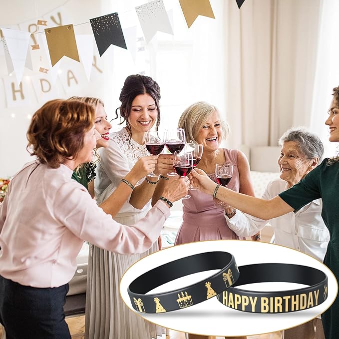 Junkin 30 Pieces Birthday Party Rubber Bracelets Silicone Stretch Wristbands Letters Patterns Printed Party Supplies Inspirational Quote Silicone Bracelets for Men and Women (Birthday Style)