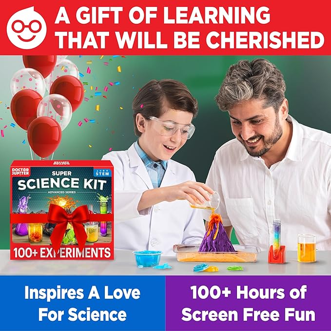 Doctor Jupiter Super Science Kit for Kids Ages 8-9-10-11-12-13-14 | Birthday Gift Ideas for Boys & Girls 8+ Years Old | STEM Toy with 100+ Experiments & Geyser Tube | Learning & Educational Kits