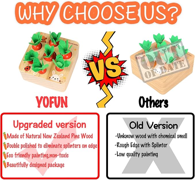 YOFUN Montessori Toys for Toddler - Carrot Harvest Wooden Matching Puzzle, Shape & Size Sorting Games for Developing Fine Motor Skill, Educational Gift for Baby Boys Girls, Made of Natural Pine Wood