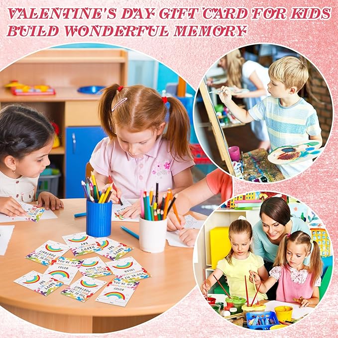 Sabary 24 Sets Valentines Day Gift for Kids, Valentines Gift Painting Cards Painting Canvas Panel with Wooden Easel Watercolor Paint Painting Brush Kit Packaging Bag for Class Gift Art Party