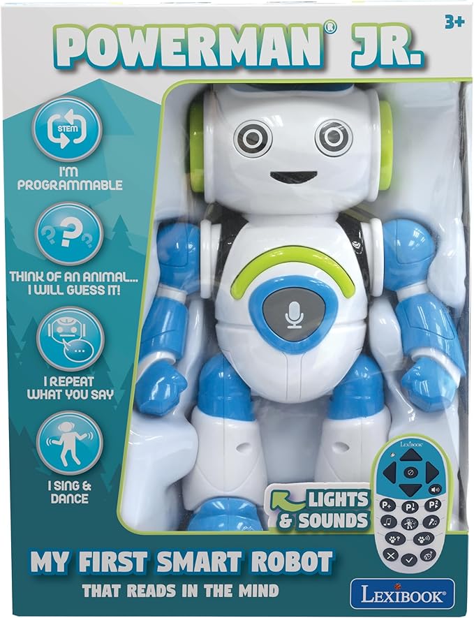 Lexibook - Powerman Jr. Smart Interactive Toy That Reads in The Mind Toy for Kids Dancing Plays Music Animal Quiz STEM Programmable Remote Control Boy Robot Junior Green/Blue - ROB20EN