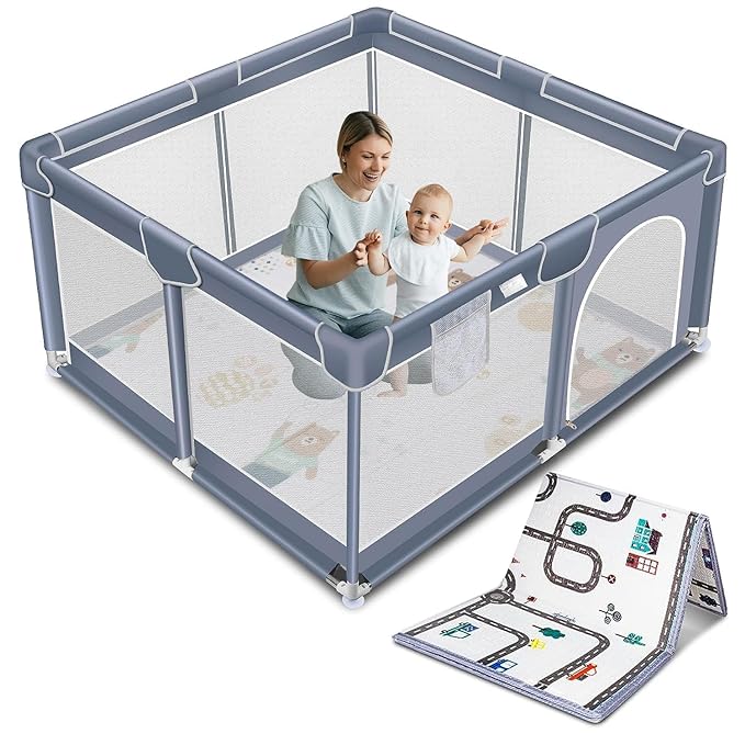 Suposeu Baby Playpen with Mat, Portable Baby Play Yard for Toddler, Safety Baby Gate playpen with Soft Breathable Mesh, Indoor and Outdoor, Large Kids Activity Centery (Grey)