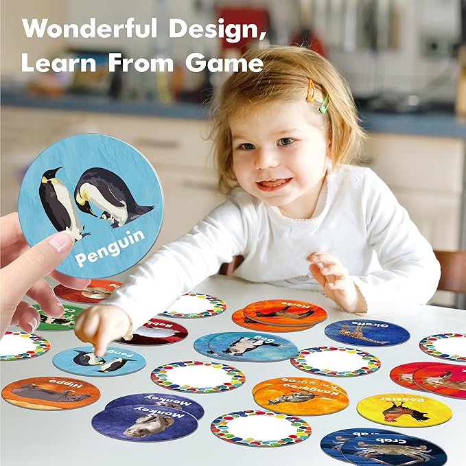 Realistic Animal Matching Game, 50 PCS Round Animal Memory Matching Cards for Toddlers 25 Pairs Real Animal Memory Cards Educational Toys for Preschool Boys & Girls 4 5 6 Years Old