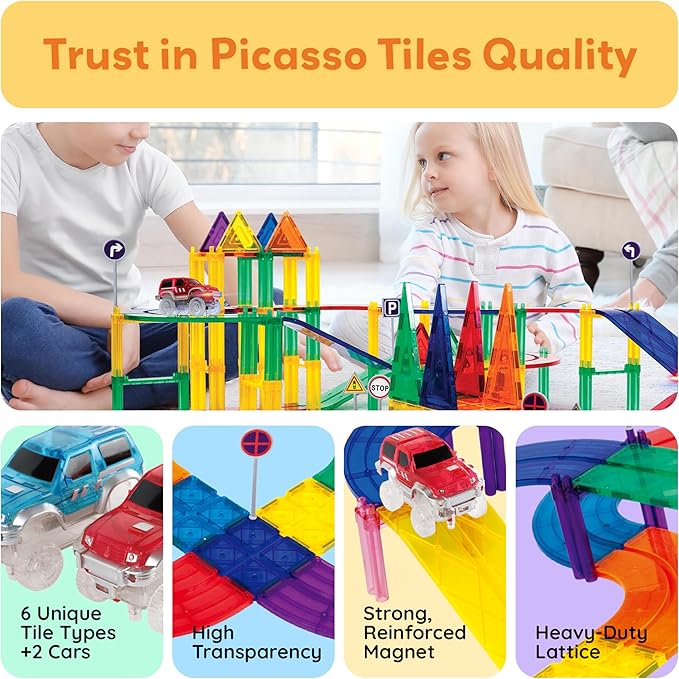 PicassoTiles 80 Piece Race Car Track Building Block Educational Toy Set Magnetic Tiles Magnet DIY Playset 2 Light Up Car STEM Learning Construction Kit Hand-Eye Coordination Fine Motor Skill Training