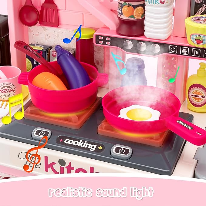 Kids Kitchen Playset-53pcs Cooking Stove,Paly Sink,Oven,Kitchen Toys with Realistic Lights&Sounds,Pretend Play Toys,Kitchen Toys for Toddlers 1 2 3 (Pink)