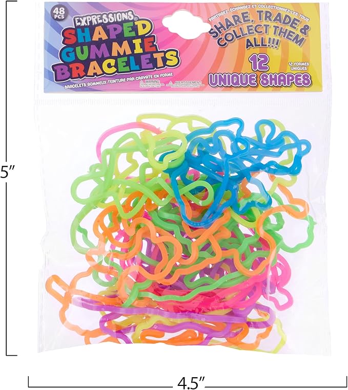 48pc Shaped Gummie Bracelets - Bulk Pack Bright Colored Shaped Rubberband Bracelets | Bracelet Rubber Bands Kit, Rubber Bracelets For Kids & Kids Party Favors, Colored Rubber Bands