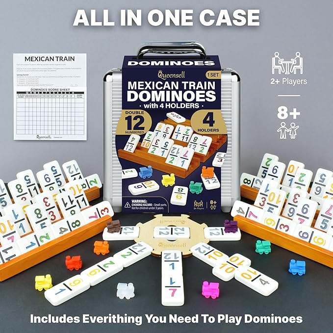 Queensell Mexican Train Dominoes Set with Numbers and 4 Holders - Wooden Hub and Domino Holders - Double 12 with Numbers (D12 Numbers + 4 Holders)