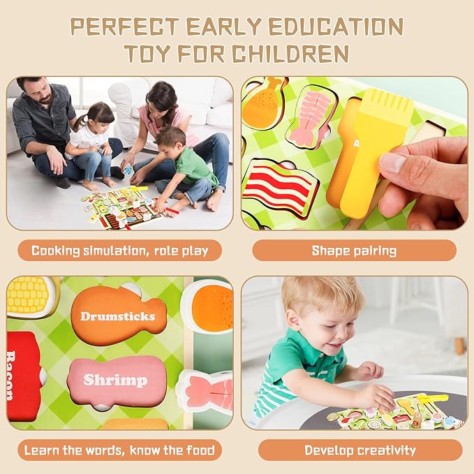Wooden Toddler BBQ Toy Set Simulates Cooking, Grilling, Food Shape Matching Game Toddler Grill Toy for Boys and Girls 3, 4, 5, 6 Years Old, Gift for Kids