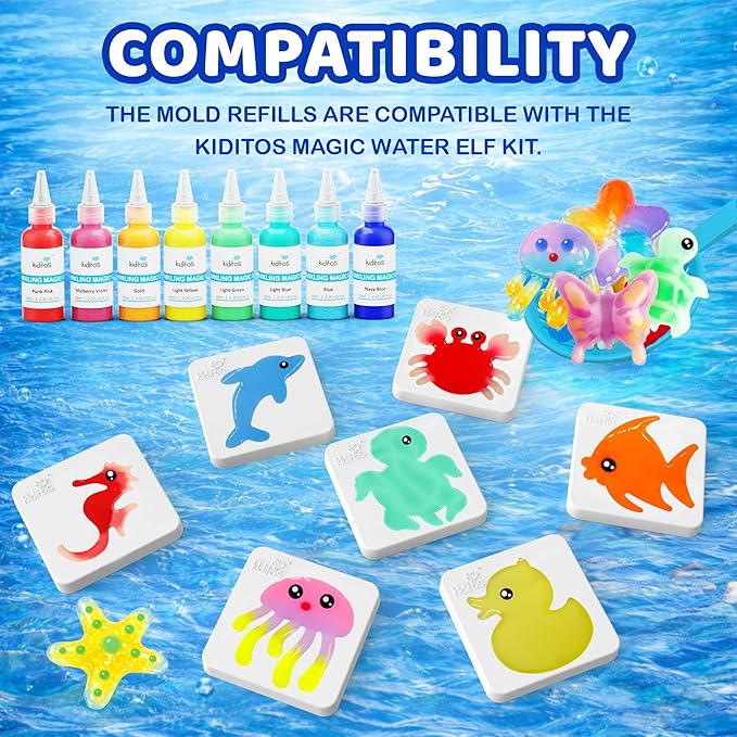 Kiditos Magic Water Elf Ocean & Nature Mold Set – 10 Reusable BPA Free Plastic Shapes for Creating Colorful Water Elves, STEM Craft Toy for Kids