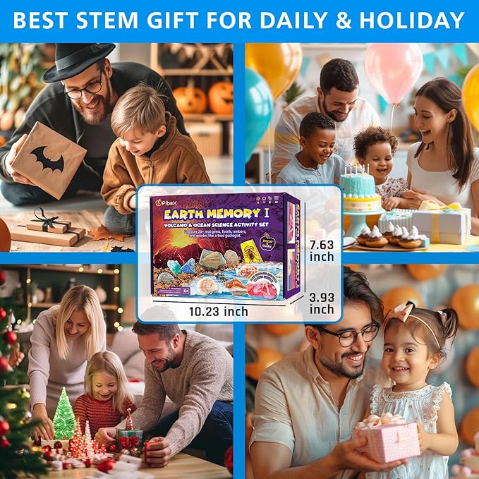 Volcano & Ocean Fossil Dig Kit, Dig up 20+ Real Fossils, Rocks, Shells & Sea Snails with Eruption Experiments, Earth Science Geology Kit for Kids, STEM Toy Gift for Boys & Girls Age 6-8-12