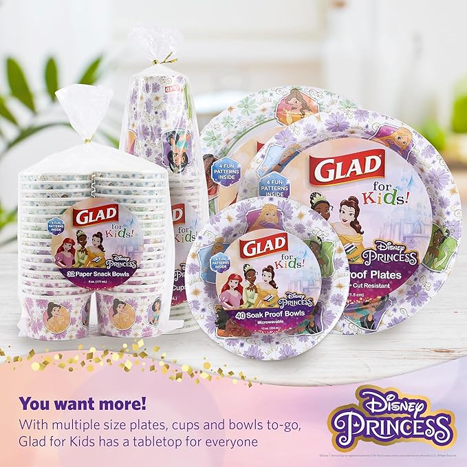 Glad for Kids Disney Princess 12oz Paper Bowls Disney Princess Paper Bowls, Kids Bowls, Kid-Friendly Paper Bowls for Everyday Use, 12oz Paper Bowls 40 Ct