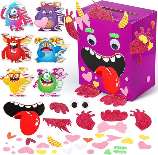 Pasimy DIY Valentines Monster Mailbox with 30 Greeting Cards, Monster Mailbox for Valentine's Day Exchange Gifts Party Favor Sets