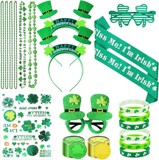 St Patricks Day Accessories Party Favors Set,Including 20 Shamrock Good Luck Coins 6 Necklace 6 Bracelets 2 Headband 2 Eyeglasses 2 Sash 40 Tattoo Sticker for St. Patrick Party Supplies Decorations