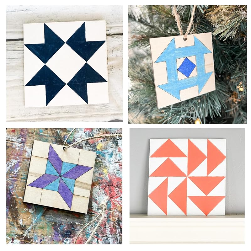 Set of Four 9 Inch Barn Quilt Kit DIY Pattern Unfinished Wood Quilting Block Sign Paintable Crafts for Women, Children, Men, Party (HST, Friendship Star, Dutch Square, Flying Geese) AVTR