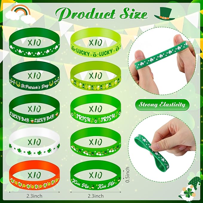 Wettarn 100 Pcs St. Patrick's Day Rubber Wristbands St. Patricks Day Silicone Bracelet Shamrock St Patricks Day Bracelets Green Rubber for St. Patrick's Day Party Favors Supplies School Gift Supplies