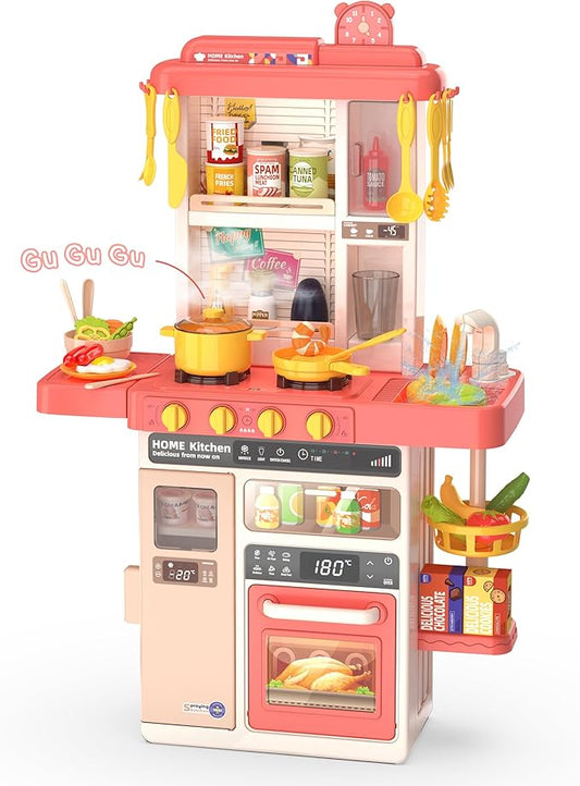 Kids Kitchen Play Set,Interactive Kids Kitchen Play Set with 50Pcs of Pretend Kitchen Toys,Realistic Sound Effects,and Simulated Functionality - Suitable for Toddlers Aged 2-12 Years(Pink)