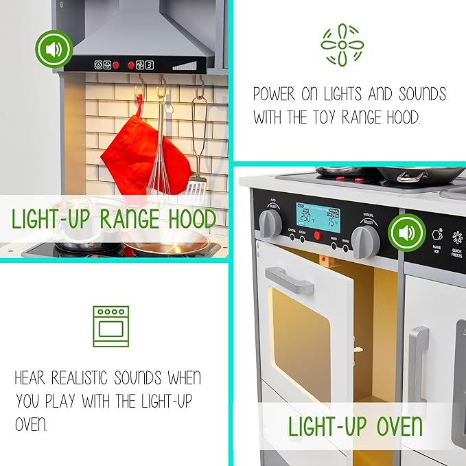 Lil' Jumbl Jumbl Kids Kitchen Set, Pretend Wooden Play Kitchen, Includes Range Hood, Microwave, Stove Top, Oven That Make Realistic Sound & Light, Pots, Pan, Cutting Board & Utensils Included,