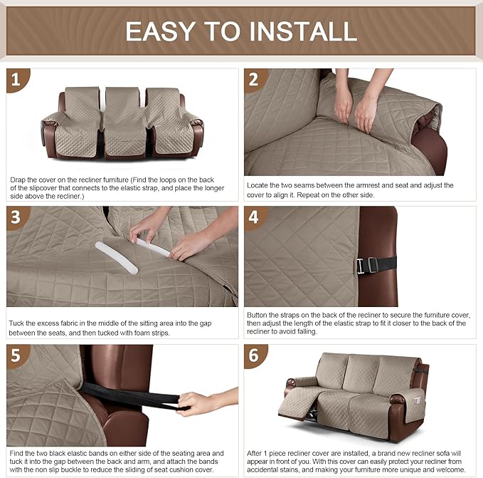 KinCam Waterproof Recliner Sofa Cover, Non-Slip Reclining Couch Covers for 3 Seat, Recliner Couch Cover Furniture Protector with Elastic Straps for Pets, Kids, Taupe