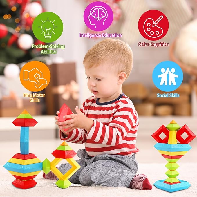 Montessori Toys for Toddlers Ages 3 4 5 6 Year Old Boys Girls 30 Pcs Pyramid Stacking Building Blocks Preschool Learning Activities STEM Sensory Toys Gifts for Kids Age 3-6