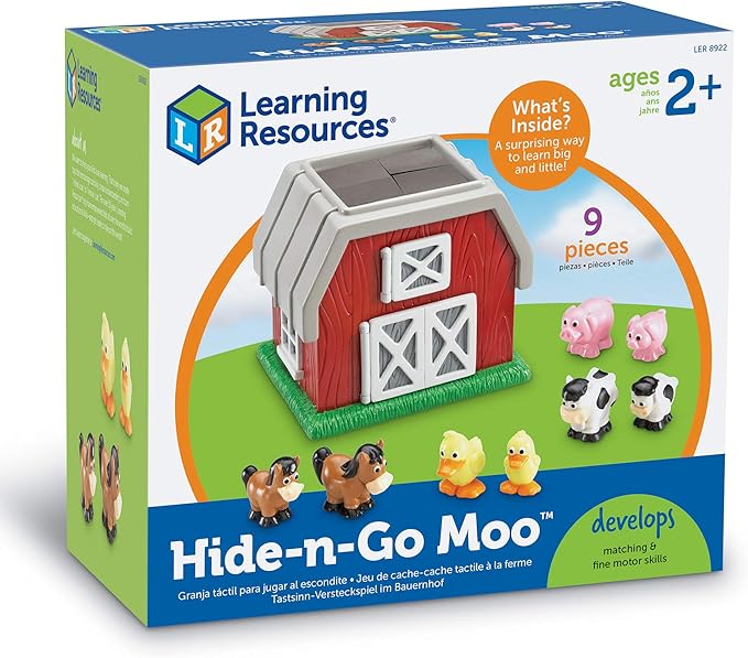 Learning Resources Hide-N-Go Moo, Farm Animal Toy, Barn Toys for Toddlers, 9 Pieces, Ages 2+