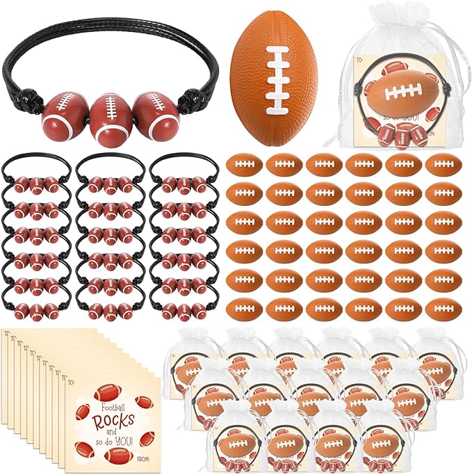 36 Sets Valentine's Day Football Gifts Mini Football Stress Balls Football Bracelets with Football Valentines Cards Football Team Gifts Party Favors for Valentine's Day Carnival Birthday