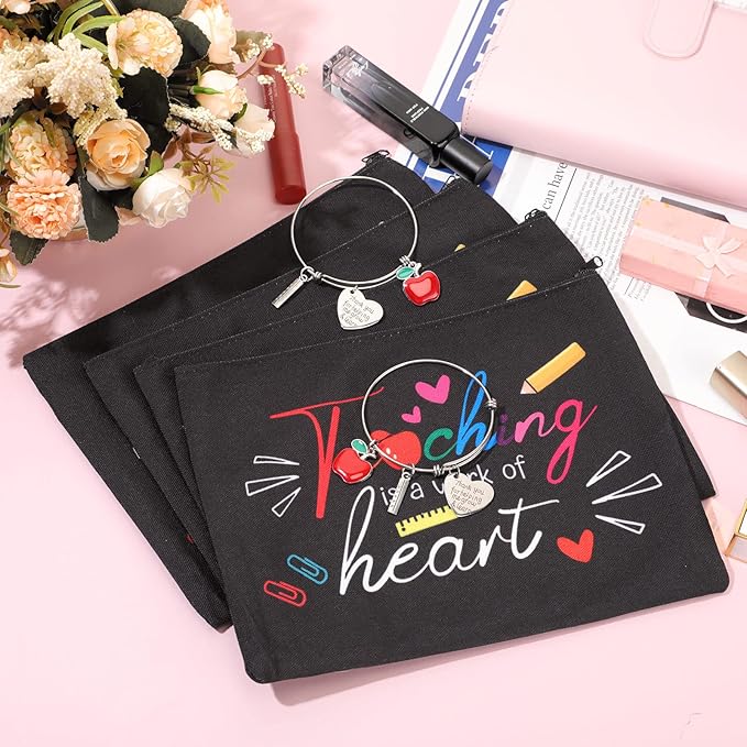 8 Pcs Teacher Appreciation Gift Set for Women, 4 Teacher Makeup Pouch Cosmetic Bags and 4 Bangle Bracelets, Christmas Valentines Thank You Gifts for Teacher (A Work of Heart)