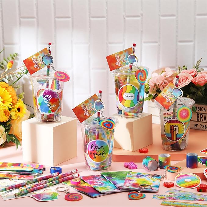 Noveread 251 Pcs Party Favors Set Includes Drink Gift Cup Mini Notebooks Pencils Heart Eraser Pencil Sharpener Slap Bracelets Ruler Tattoo Stickers Cards Keychain School Stationery Set (Tie Dye)
