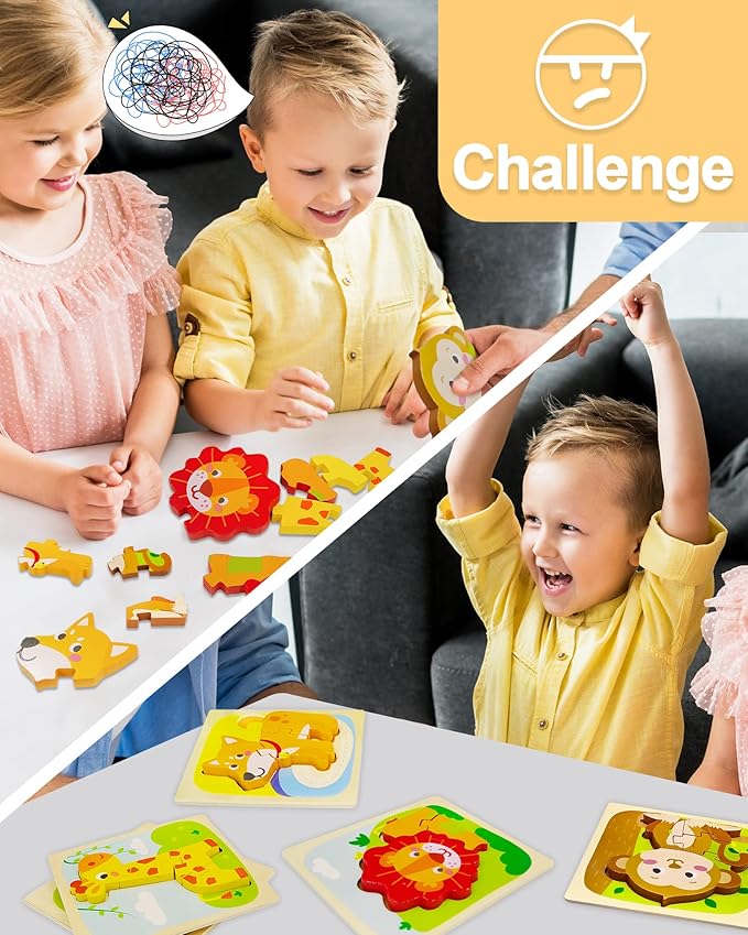 Benresive Wooden Toddler Puzzles Ages 1-3, Montessori Toys for 1 2 3 Year Old Boys Girls, 4 Pack Animal Toddler Toys Gifts for 1 2 3 Year Old Boys Girls, Learning Educational Preschool Toys