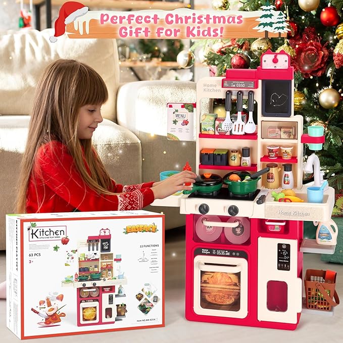 Kids Kitchen Playset, Easface Play Kitchen for Toddlers 1-3 with Sound and Light, Cooking Stove with Steam, Play Sink and Toy Kitchen Accessories Pretend Kitchen Toys for Girls Boys 3-5 (Red)