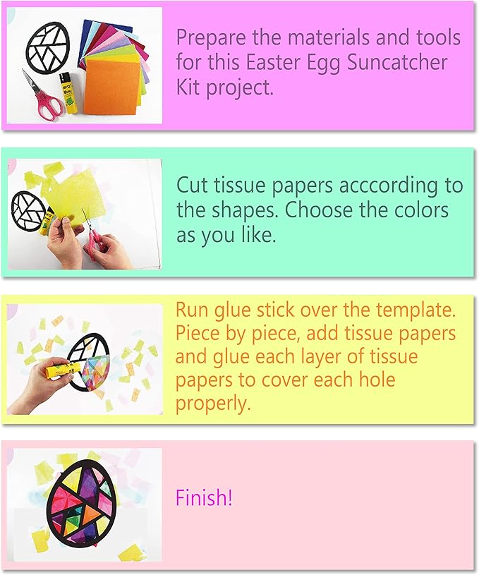 VHALE Suncatchers Craft 3 Sets (9 Cutouts) w Tissue Papers Stained Glass Effect Paper Sun Catcher Kit, Window Art, Classroom Crafts, Creative Art Projects, Kids Party Favors (Easter Egg)