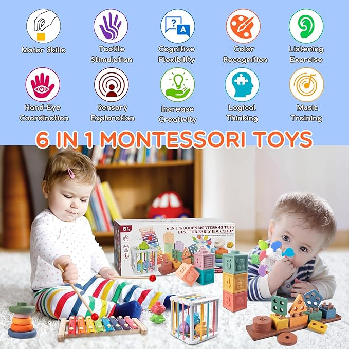 Montessori Baby Toys for 1+ Year Old - Sorting Stacking Learning Toys 6 to 12 Months, Wooden Building Blocks, Xylophone Musical, Infant Teethers Toys for Babies, 6 in 1 Toy Gifts for Toddlers