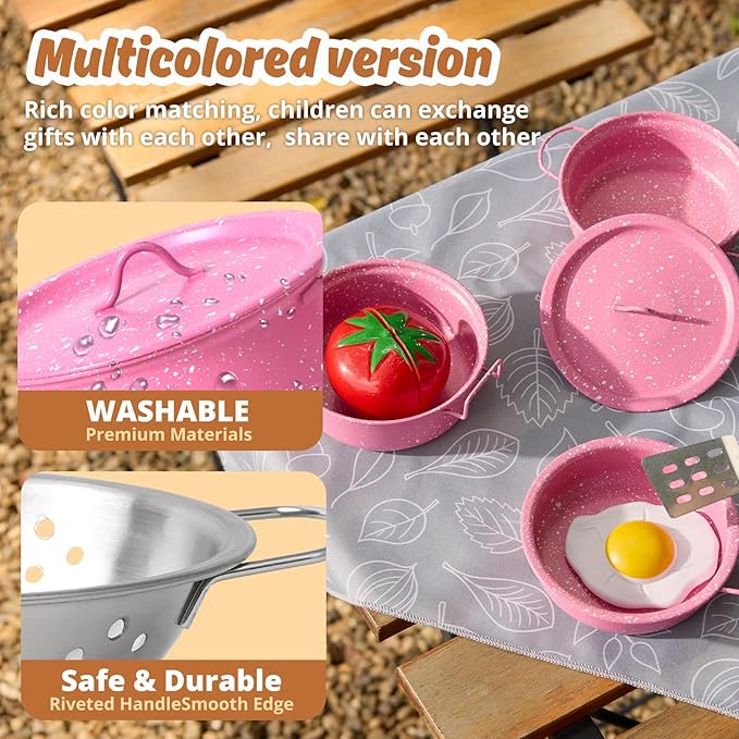 Kids Play Kitchen Toy Accessories Set Toddler Cooking Playset Colorful Stainless Steel Pots and Pans Birthday Gifts for 3+ Girls Boys (New Pink)