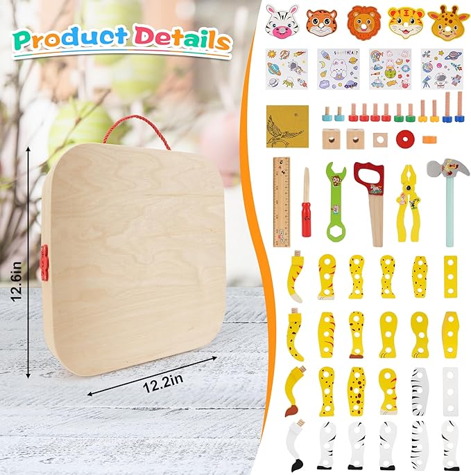 Wooden Animal Tool Box for Kids, Contains Stickers, Screws, Assembly Tools, Animal Building Blocks, Children's Montessori Building Block Assembly Toy, Ideal Gift for Boys and Girls 3,4,5,6