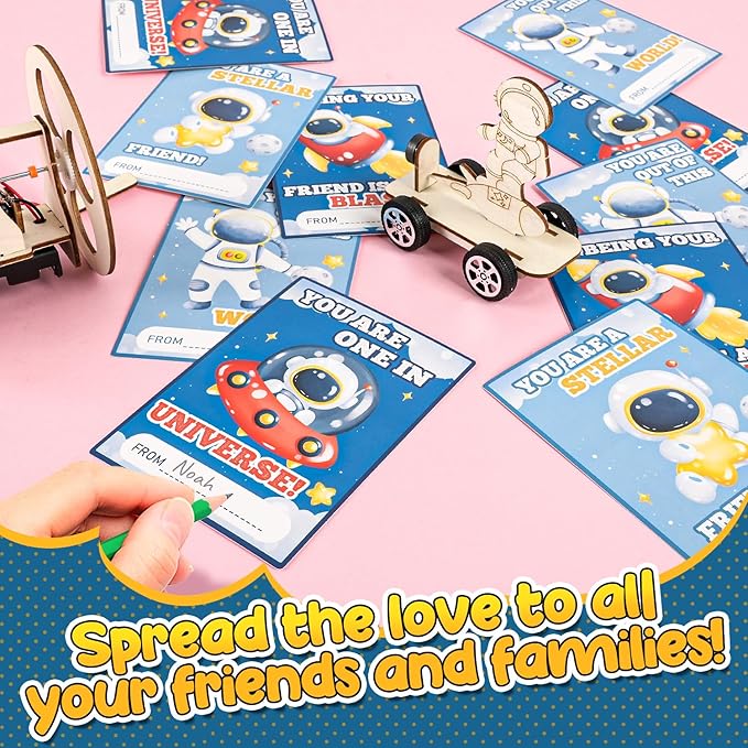 MOVINPE Valentines Day Gifts for Kids School Classroom - 24 Sets Stem Kits with Valentines Cards, Wood Craft Science Kit Valentine Exchange Gifts Space Theme Class Prizes Bulk for Boys Girls