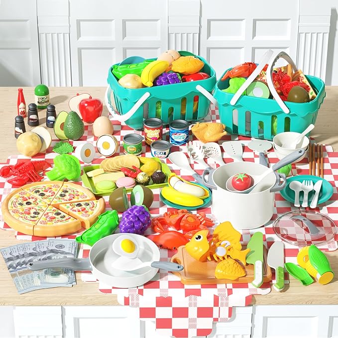 150Pcs Kitchen Playset, Toddlers Pretend Cooking Cookware Accessories, Food, Picnic Blanket, Fruits, Veges, 2Pack Shopping Storage Basket, Dessert and Prop Money, Gift for Kids (White)