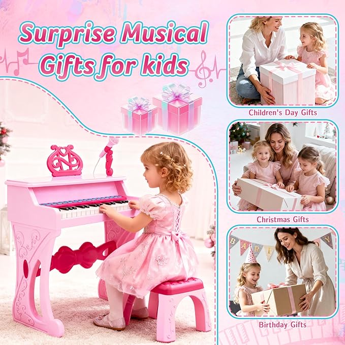 deAO Kids Piano Keyboard Toys for Girls, 37 Keys Toddler Pianos Toy with Stool and Microphone, Christmas Birthday Gift for Kids 3+ Years Old
