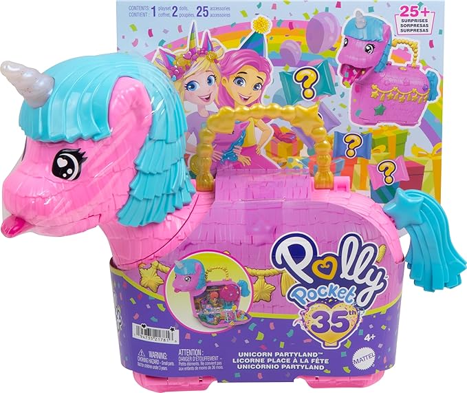 Polly Pocket Dolls & Playset with Pets & 25+ Surprise Accessories, Birthday Celebration Unicorn Partyland Playset, Hot Air Balloon Ride