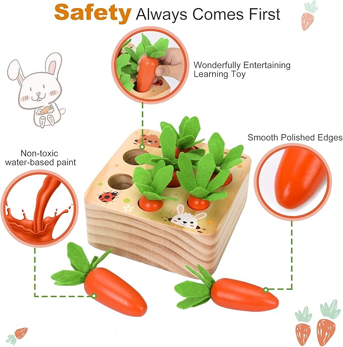 Carrot Harvest - Wooden Educational Toys for Boys and Girls - Preschool Learning Gift - Toddlers Wood Game – Shape Sorting Toy - Worm Toy Playset - for Age 1 2 3 Year Old