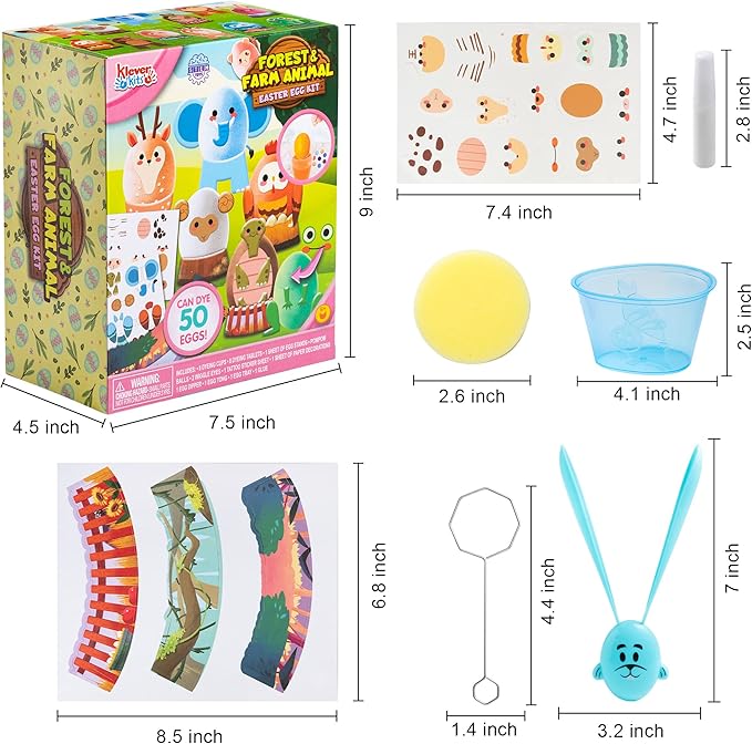 Klever Kits 53Pcs Easter Egg Decorating Kit, Easter Egg Dye Kit with Animal Decorated Papercuts, Face Stickers for Kids Easter Party Favor, Creativity Activity, Egg Hunt, Easter Party Decorations