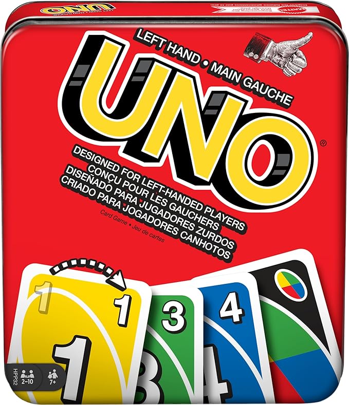 Mattel Games UNO Card Game for Family Night with Cards Specially Designed for Left-Handed Players in Collectible Tin Box